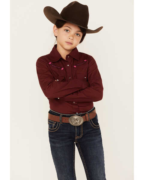 Image #1 - Shyanne Girls' Embroidered Long Sleeve Western Button-Down Shirt, Wine, hi-res