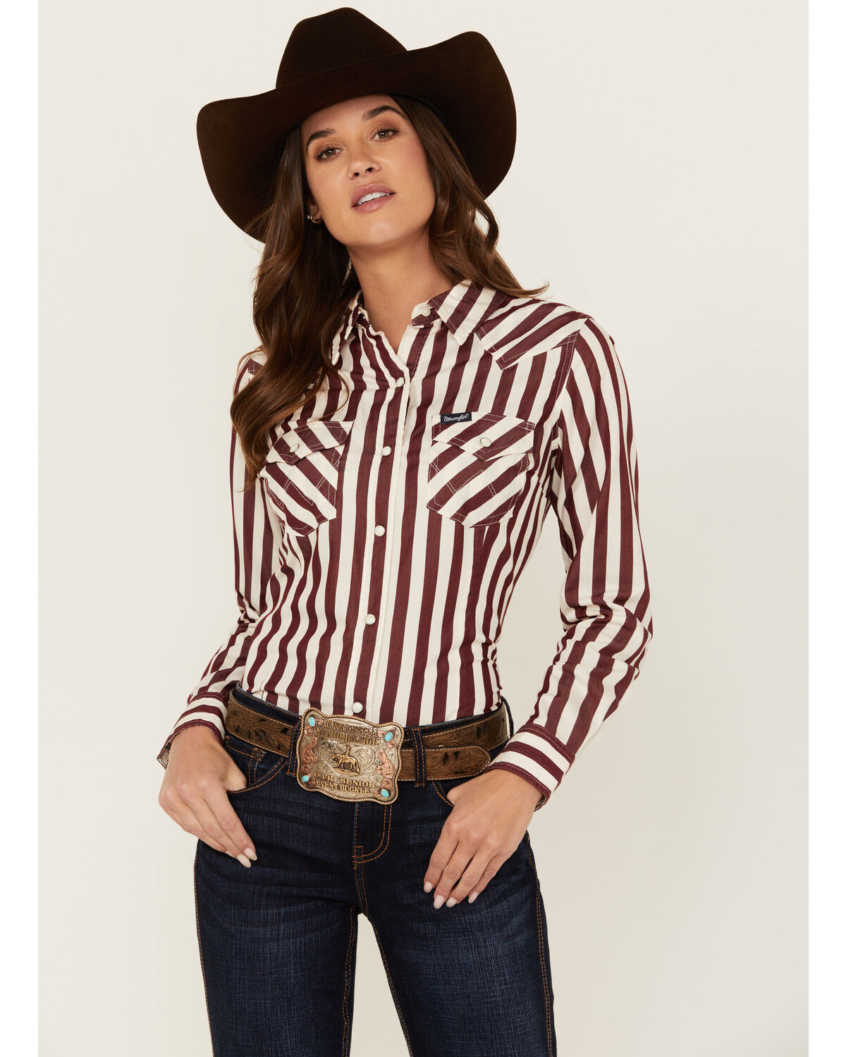 Image #2 - Wrangler Retro Women's Striped Long Sleeve Snap Western Shirt, Burgundy, hi-res