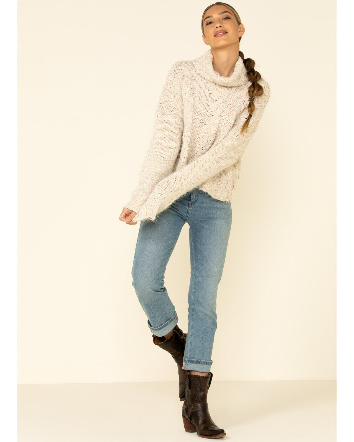 Image #2 - POL Women's Ivory Cable Knit Turtleneck Sweater , , hi-res