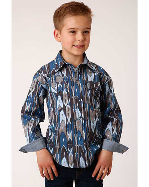 Image #1 - Roper Boys' West Made Midnight Southwestern Print Long Sleeve Western Shirt , Blue, hi-res