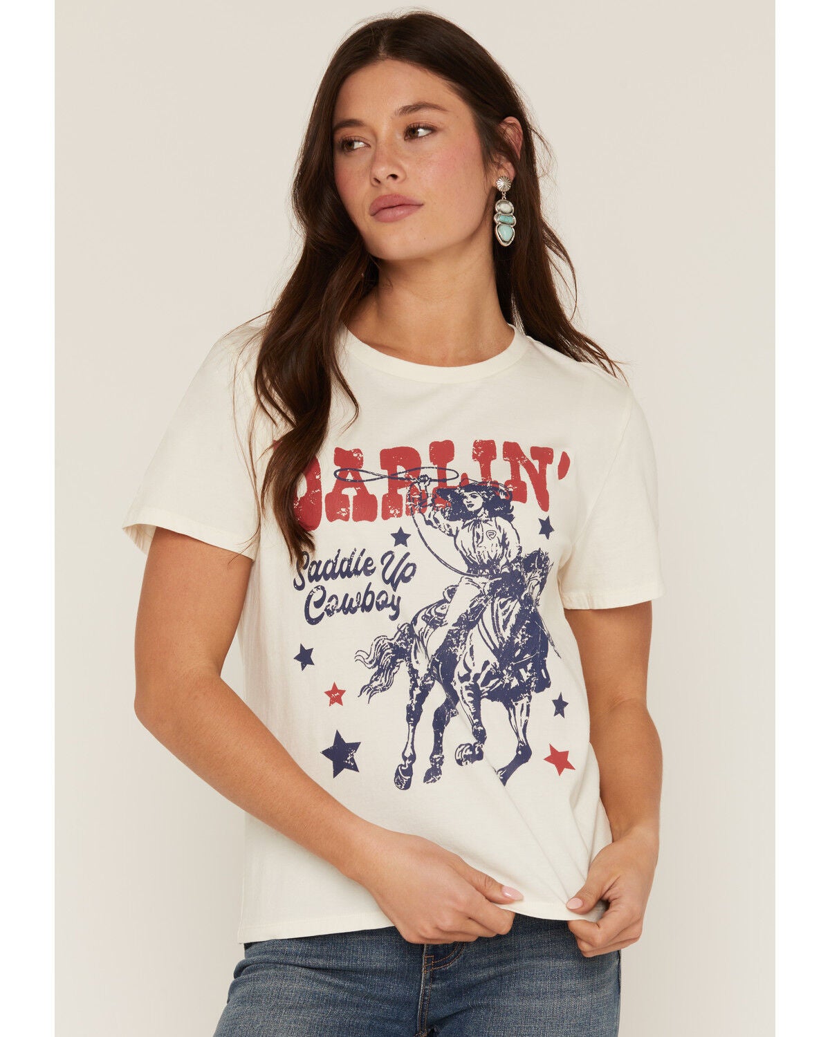 Image #1 - Rock & Roll Denim Women's Darlin Short Sleeve Graphic Tee, Cream, hi-res