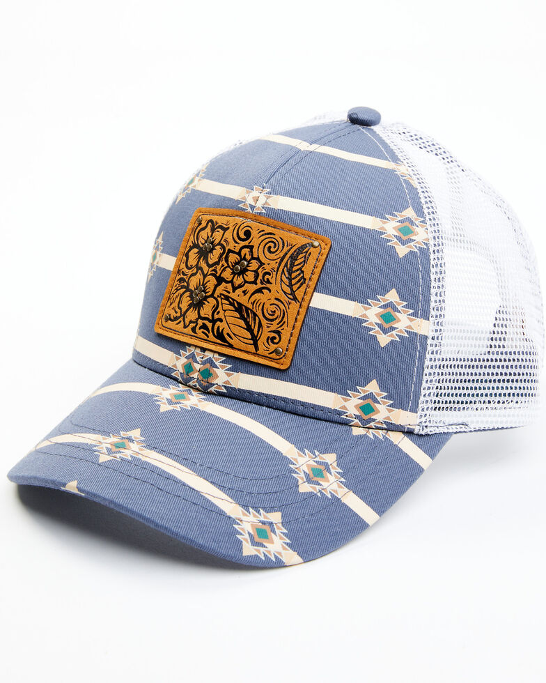 Shyanne Women's Leather Patch Pony Hole Mesh Ball Cap , Medium Blue, hi-res
