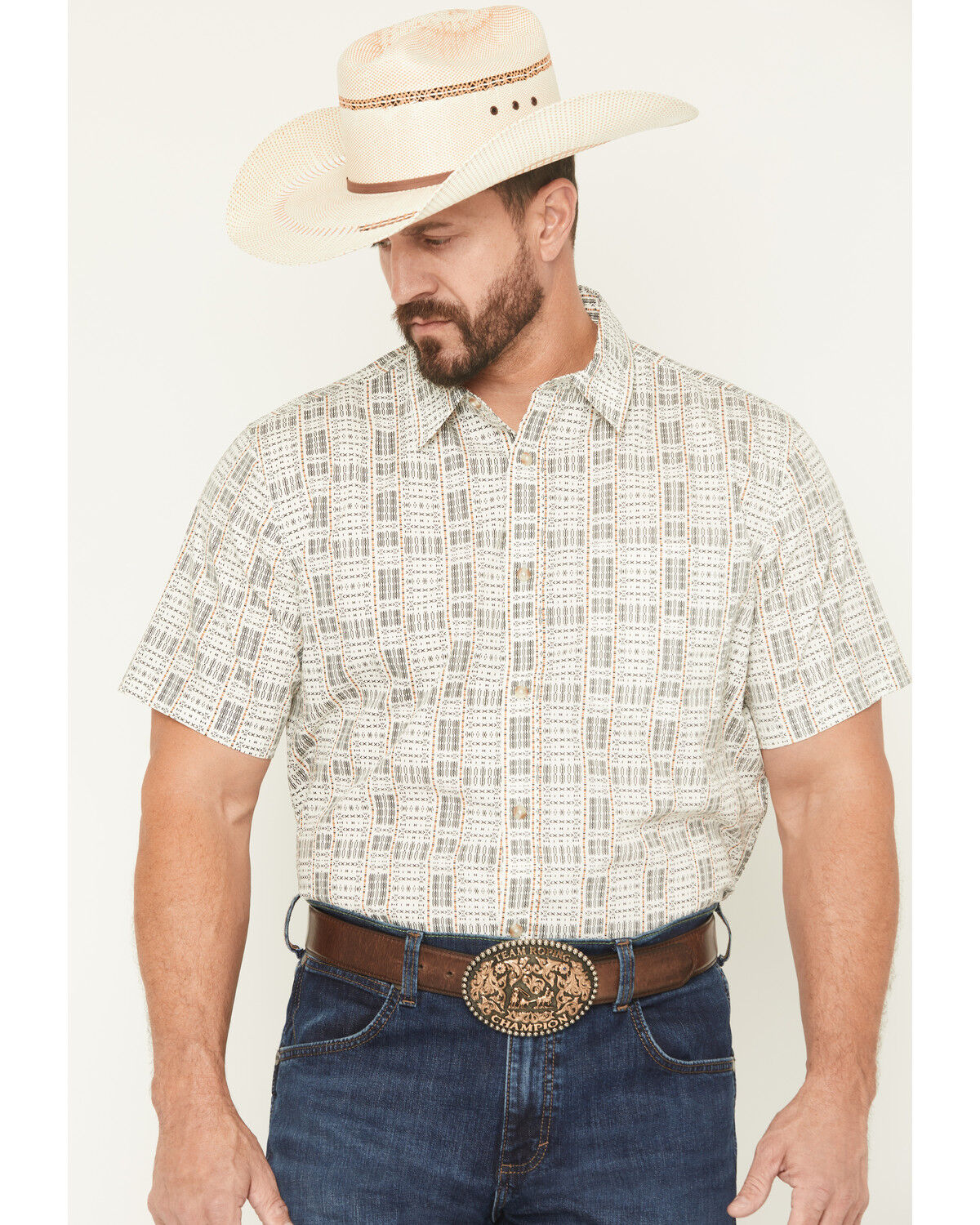 Image #1 - Gibson Trading Co Men's Chicken Scratch Southwestern Print Short Sleeve Button-Down Western Shirt, Cream, hi-res