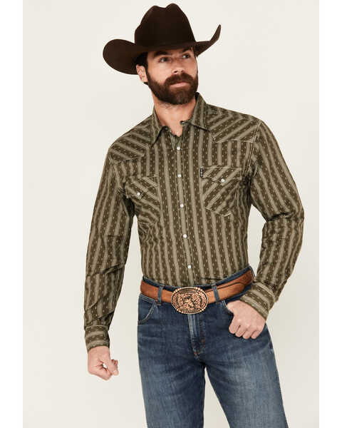 Image #1 - Cinch Men's Southwestern Striped Long Sleeve Snap Shirt, Olive, hi-res