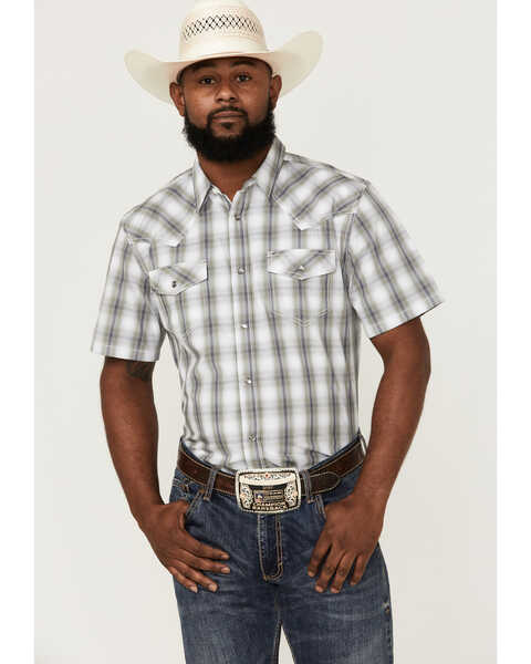 Image #1 - Cody James Men's Tranquil Ombre Plaid Print Short Sleeve Pearl Snap Western Shirt , White, hi-res