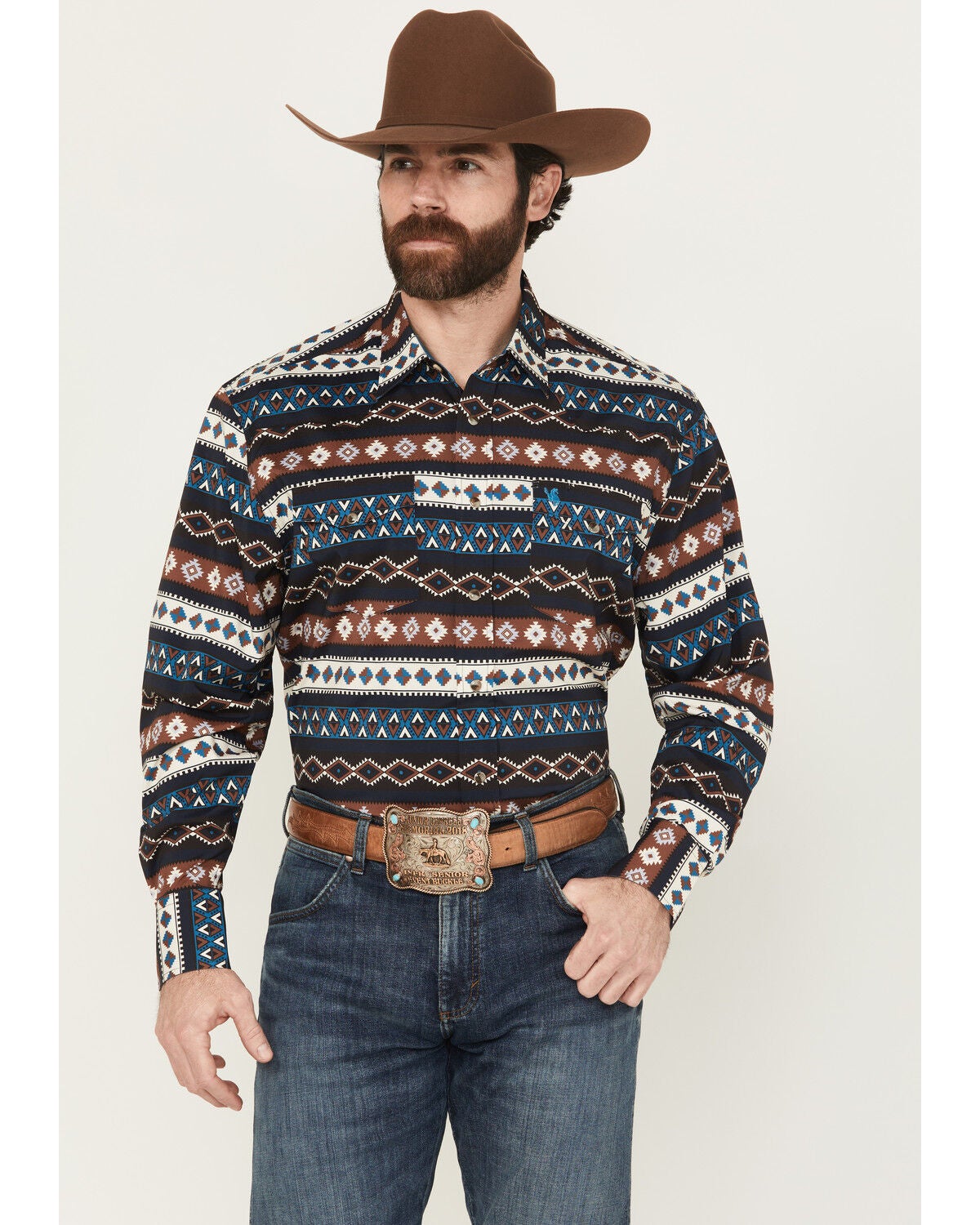 Rodeo Clothing Men's Southwestern Striped Long Sleeve Snap Western Shirt, Multi, hi-res