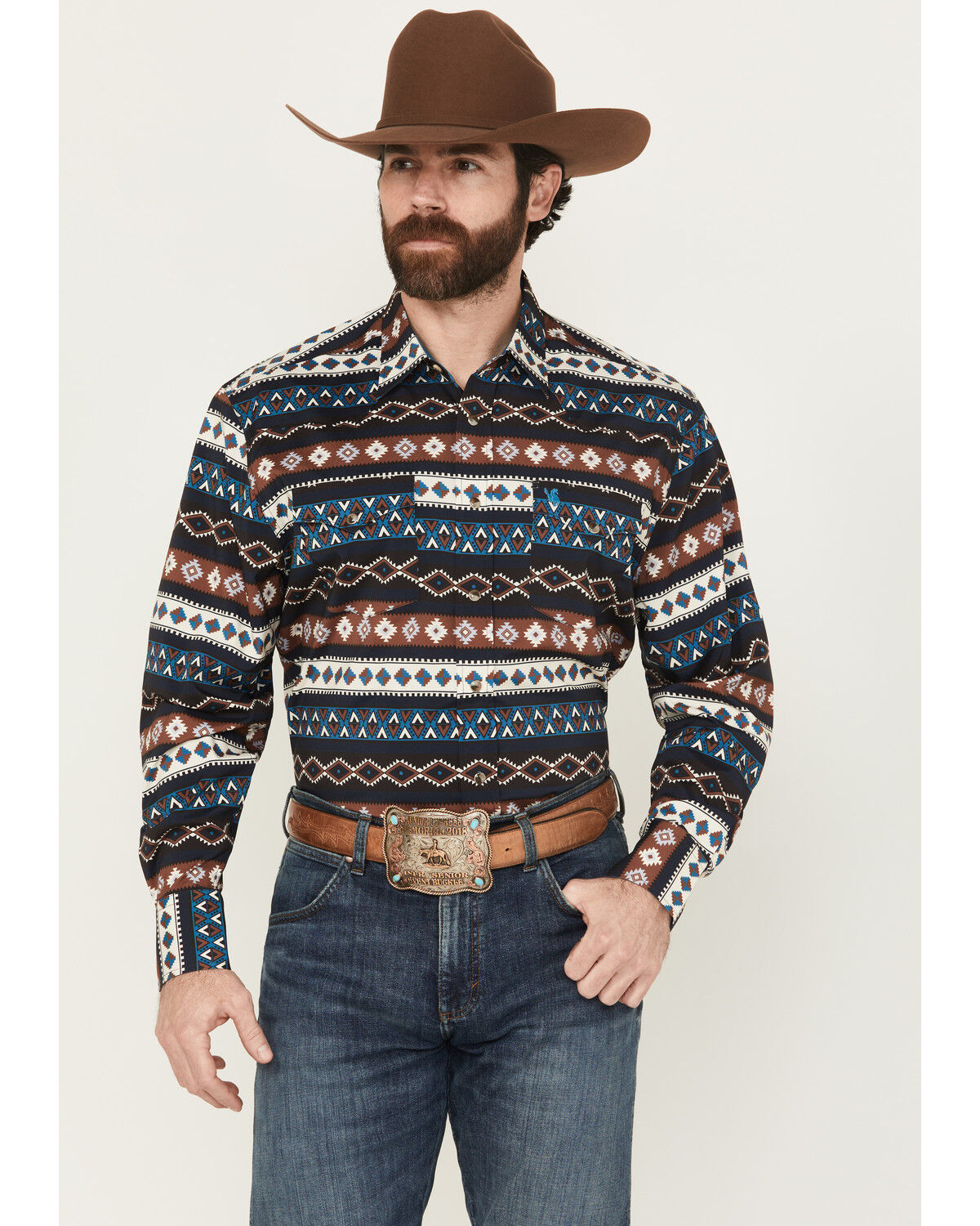 Image #1 - Rodeo Clothing Men's Southwestern Striped Long Sleeve Snap Western Shirt, Multi, hi-res