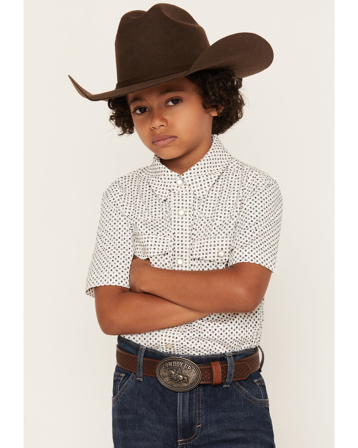 Image #1 - Rock & Rock Denim Boys' Tek Geo Print Short Sleeve Pearl Snap Stretch Western Shirt, White, hi-res