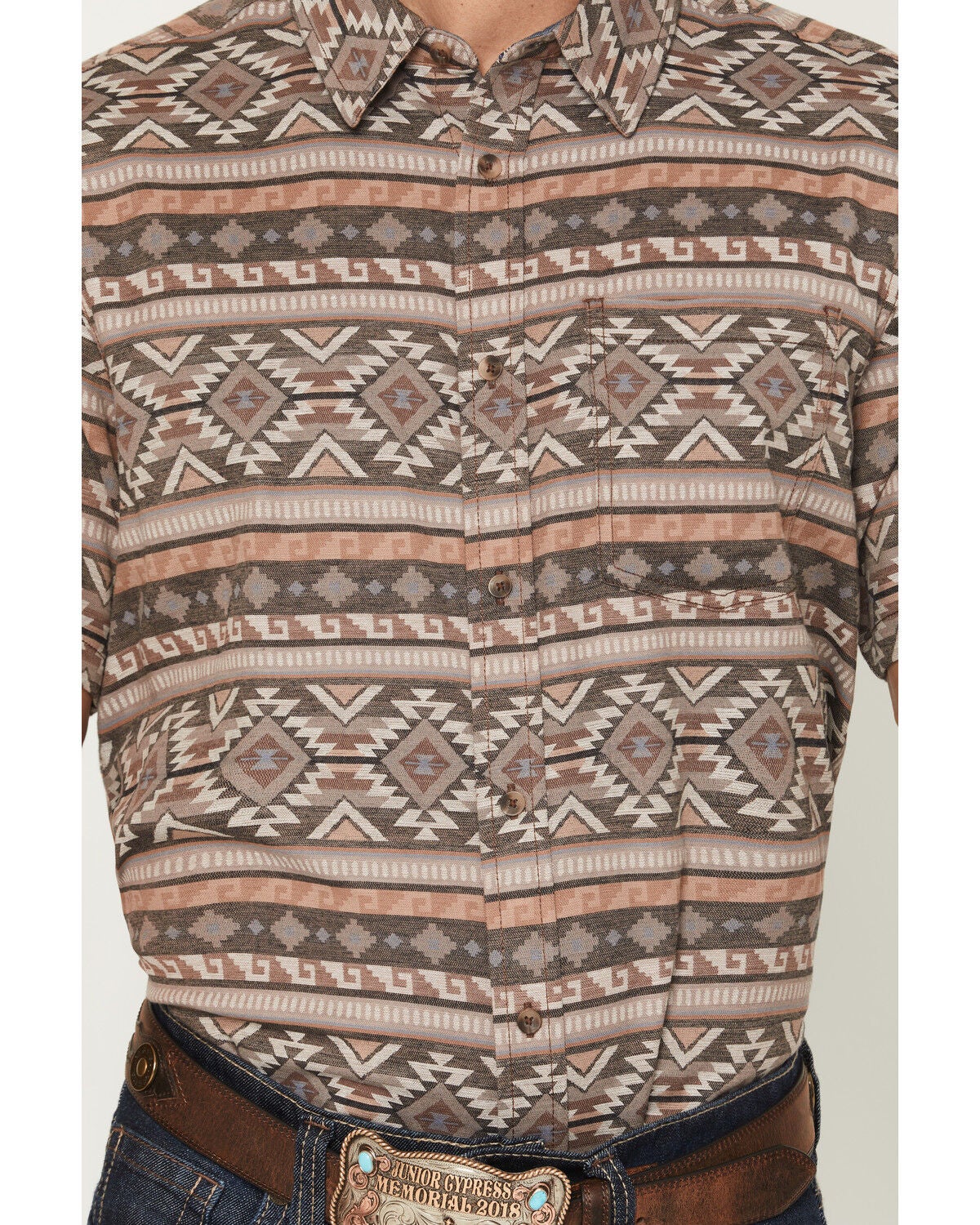 Image #3 - Cody James Men's Captain Southwestern Print Short Sleeve Button-Down Stretch Western Shirt, Brown, hi-res