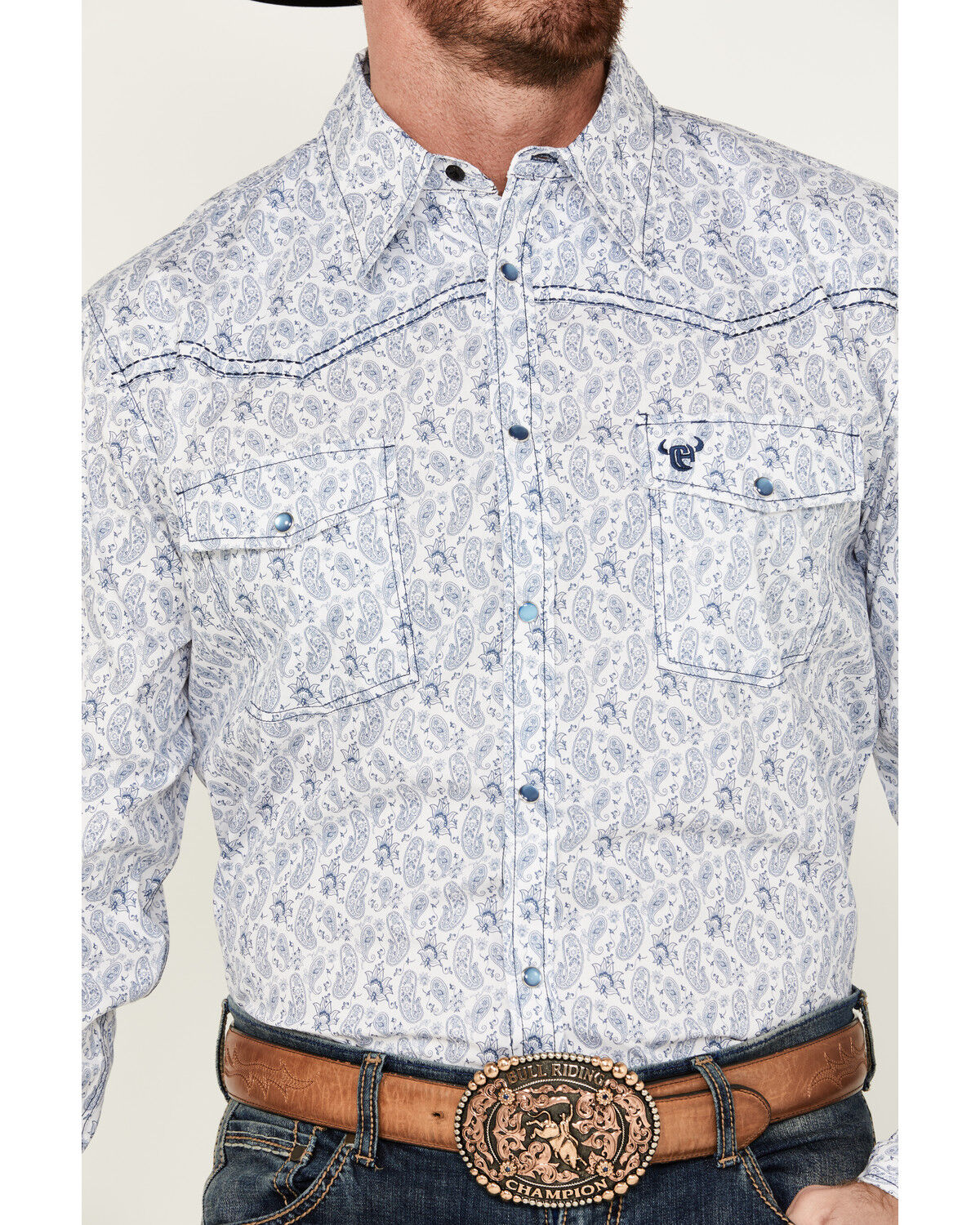 Image #3 - Cowboy Hardware Men's Tonal Paisley Print Long Sleeve Pearl Snap Western Shirt, White, hi-res