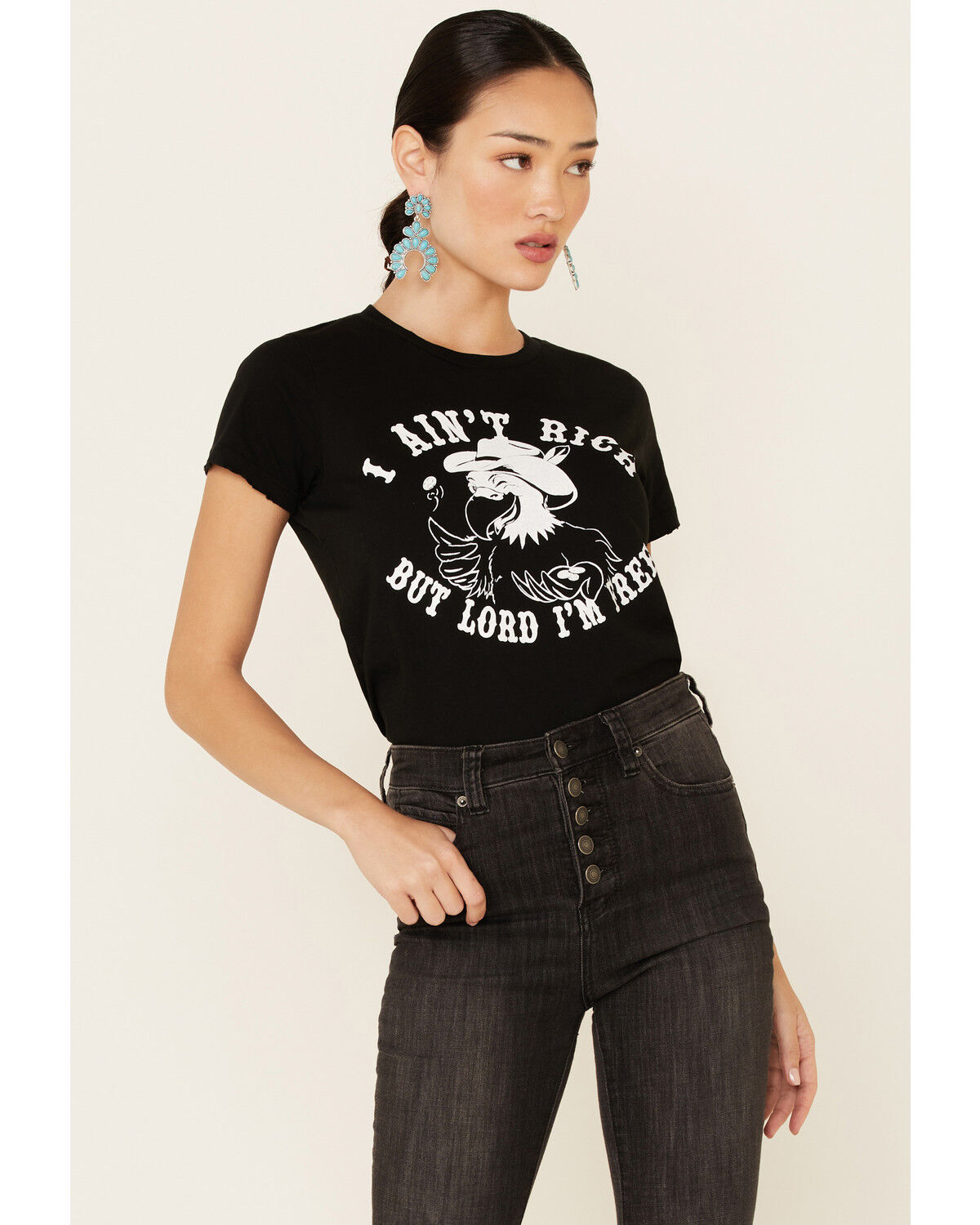 Image #1 - Bandit Brand Women's I Ain't Rich But Lord I'm Free Graphic Tee, Black, hi-res