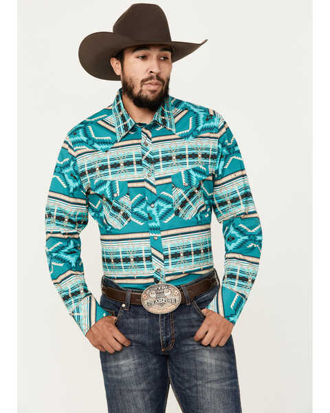 Image #1 - Rock & Roll Denim Men's Southwestern Print Long Sleeve Snap Stretch Western Shirt, Turquoise, hi-res