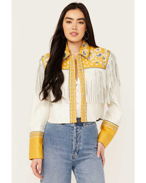 Double D Ranch Women's Reeves County Fringe Leather Jacket , Yellow, hi-res