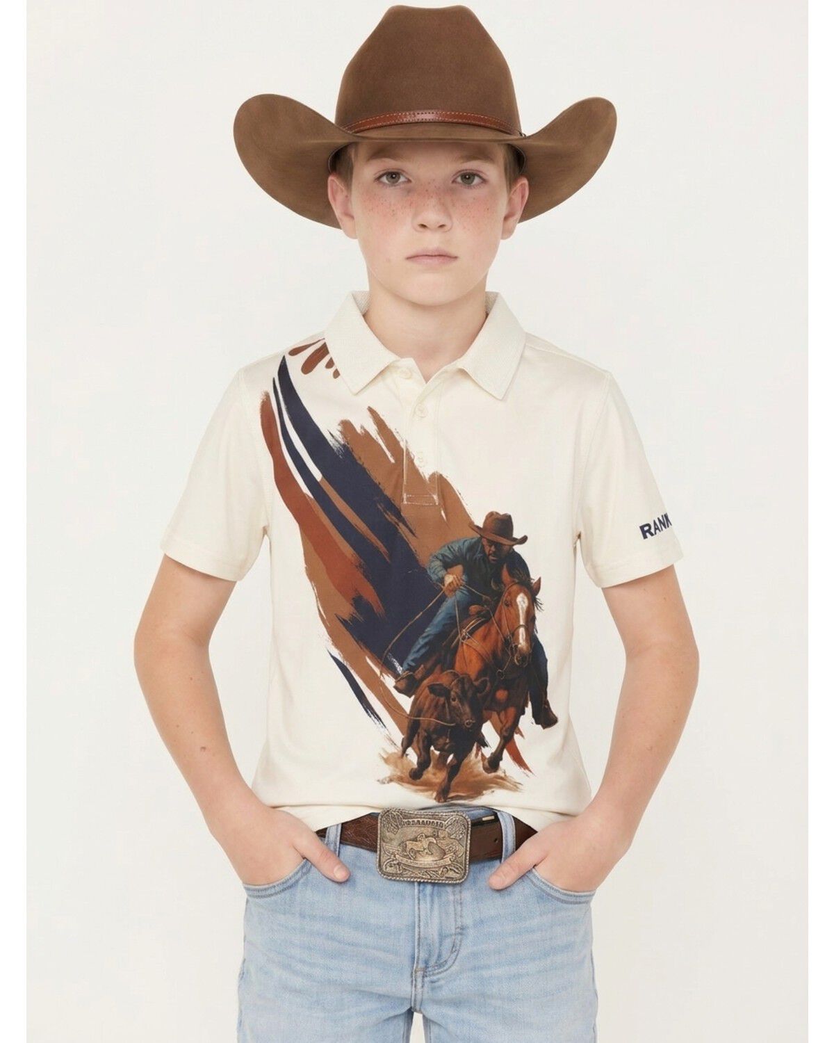 RANK 45&reg; Boys' Golden Spur Short Sleeve Button-Down Polo, Cream, hi-res