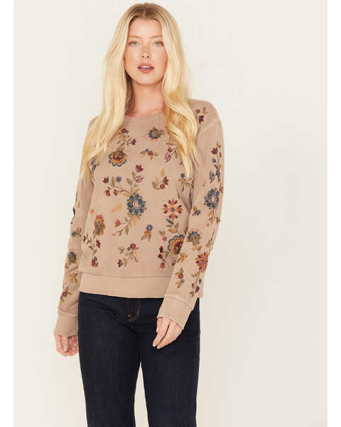 Driftwood Women's Embroidered Teddy Sweatshirt, Taupe, hi-res