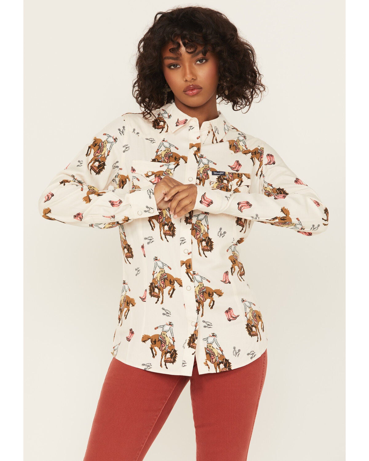 Wrangler Retro Women's Bucking Horse Conversational Print Long Sleeve Snap Western Shirt, Cream, hi-res