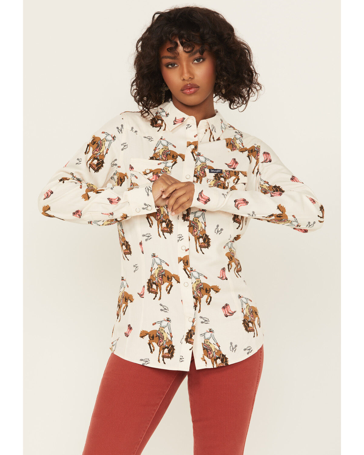 Image #1 - Wrangler Retro Women's Bucking Horse Conversational Print Long Sleeve Snap Western Shirt, Cream, hi-res