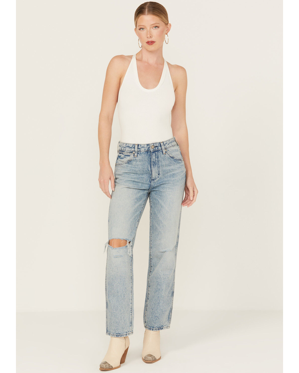 Image #1 - Wrangler Women's Wild West Destructed Light Wash High Rise Straight Jeans, Light Wash, hi-res