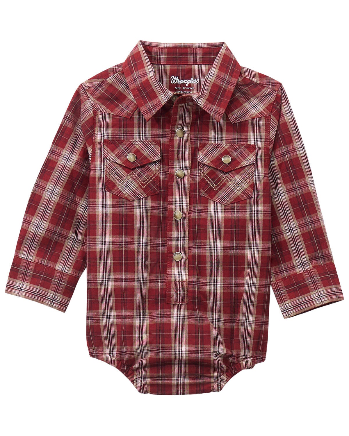 Wrangler Infant Boys' Plaid Print Long Sleeve Snap Western Onesie, Burgundy, hi-res