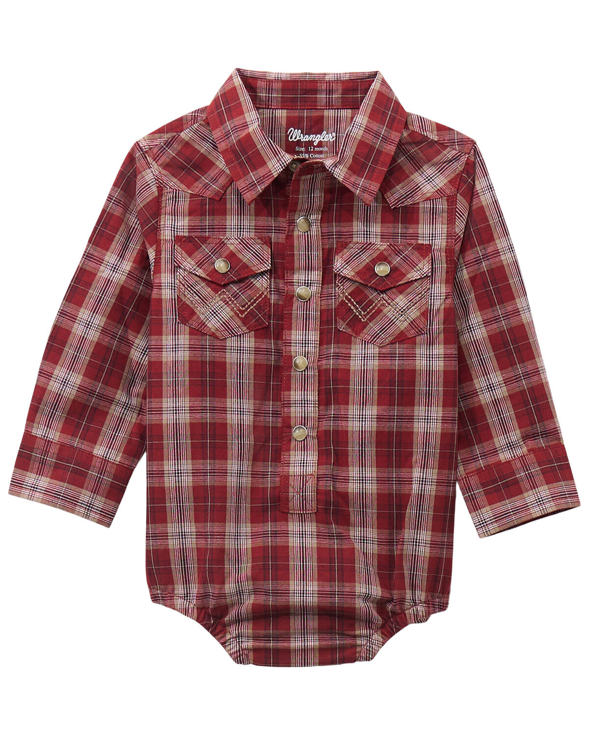 Image #1 - Wrangler Infant Boys' Plaid Print Long Sleeve Snap Western Onesie, Burgundy, hi-res