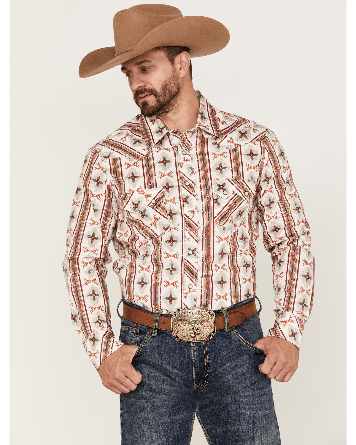 Image #1 - Rock & Roll Denim Men's Vertical Southwestern Stripe Long Sleeve Snap Western Shirt, Natural, hi-res