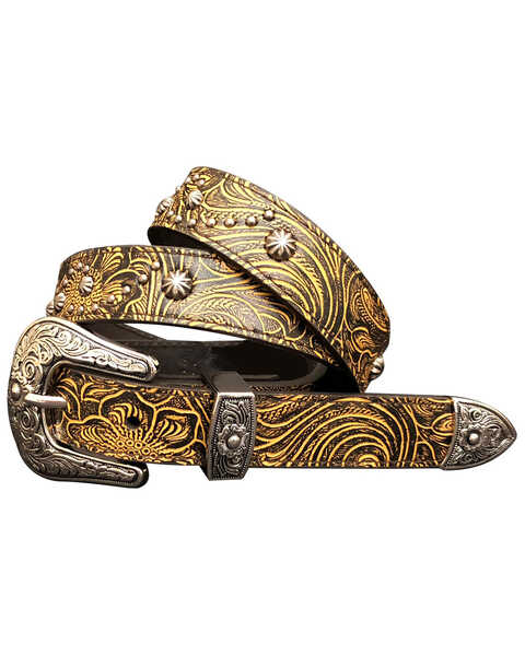 Image #1 - Cowgirls Rock Women's Floral Tooled Studded Leather Belt, Brown, hi-res