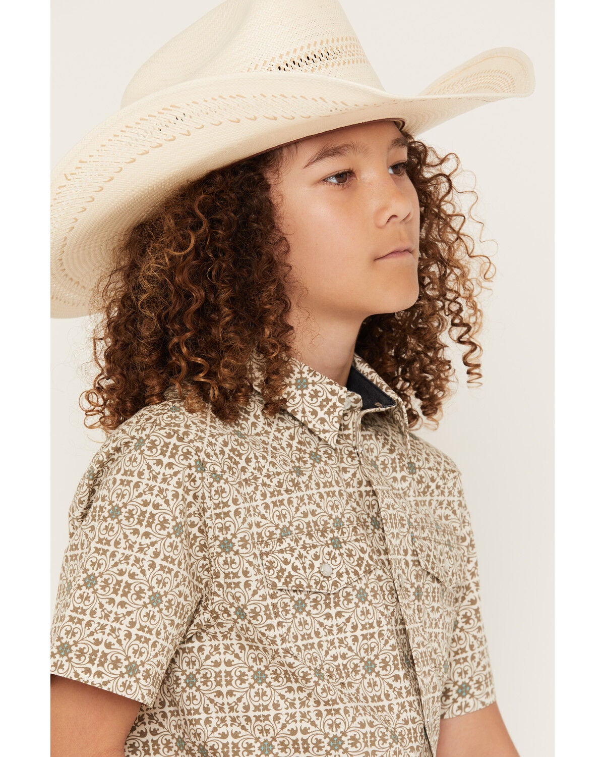 Image #2 - Cody James Boys' Mind Trap Geo Print Short Sleeve Pearl Snap Stretch Western Shirt, Gold, hi-res