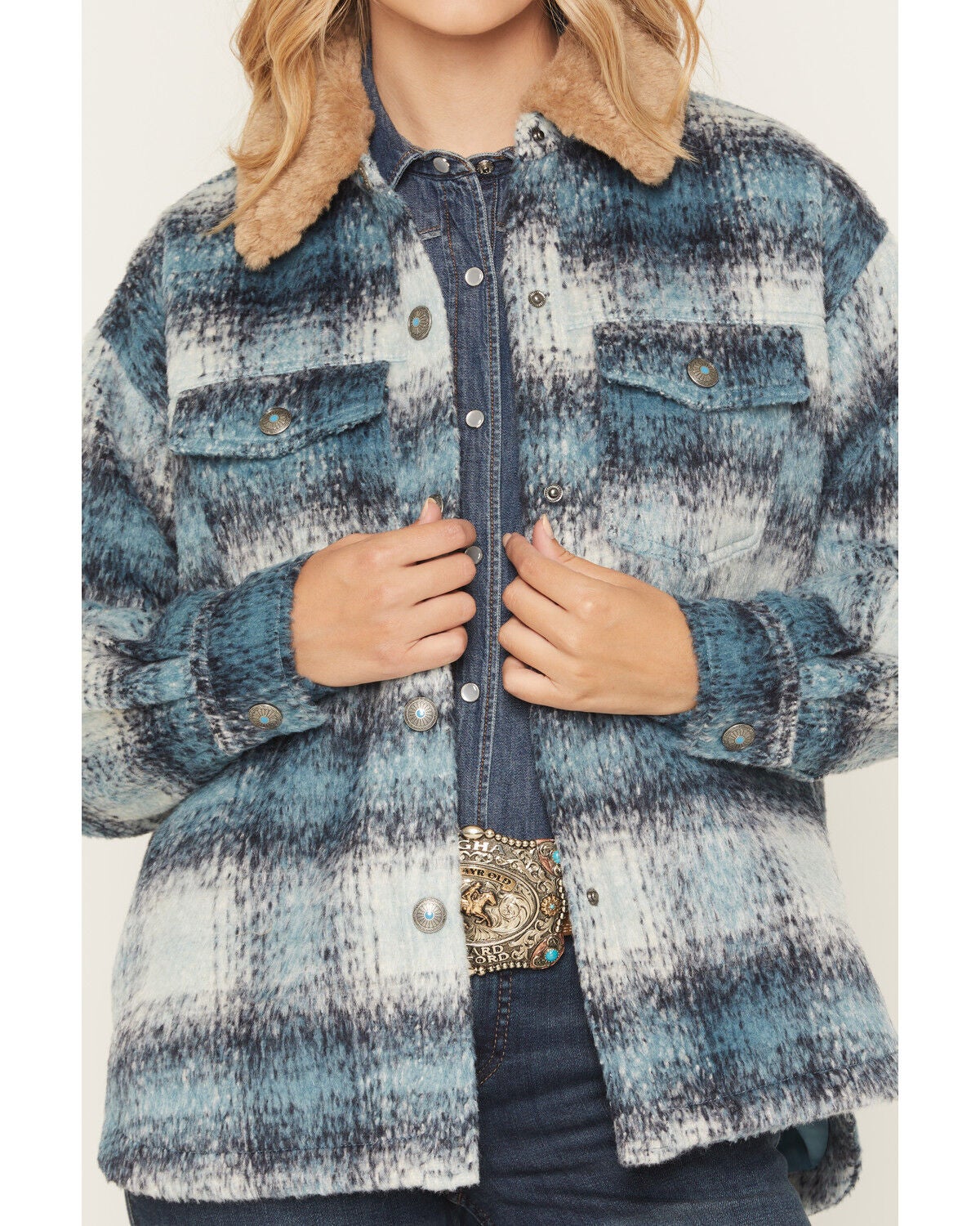 Image #3 - Shyanne Women's Sherpa Collar Shacket, Turquoise, hi-res