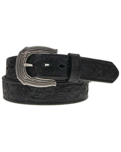Hooey Men's Black Filigree & Arrow Embossed Leather Belt, Black, hi-res