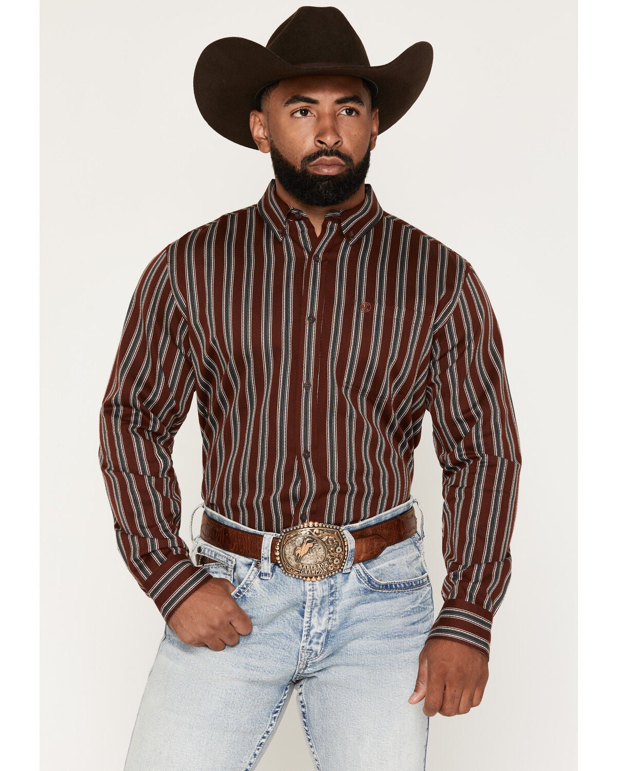 Image #1 - Cody James Men's Red Racer Striped Print Long Sleeve Button-Down Western Shirt, Burgundy, hi-res