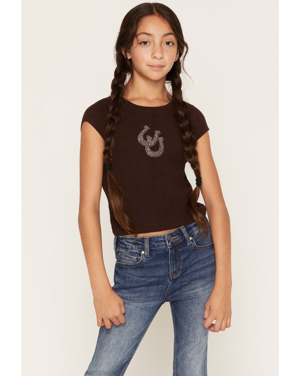 Shyanne Girls' Rhinestone Horseshoe Short Sleeve Tee, Cognac, hi-res