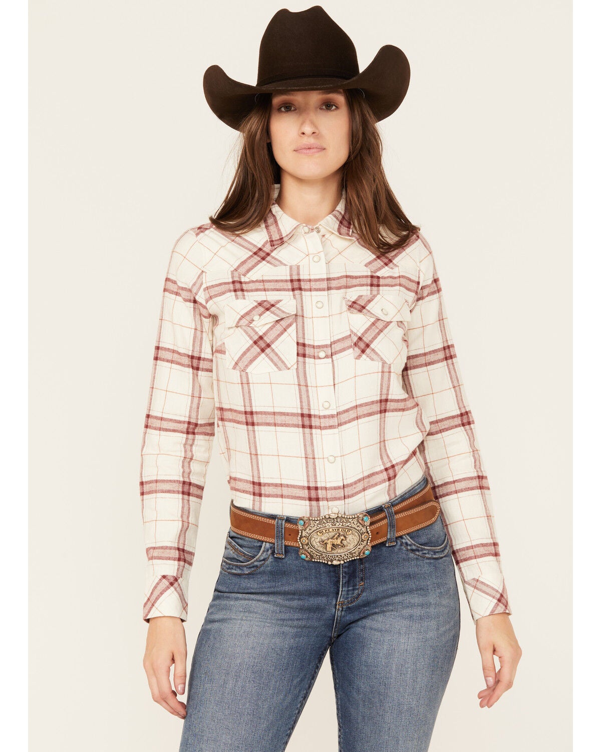 Shyanne Women's Willow Long Sleeve Snap Western Flannel Shirt, Cream, hi-res