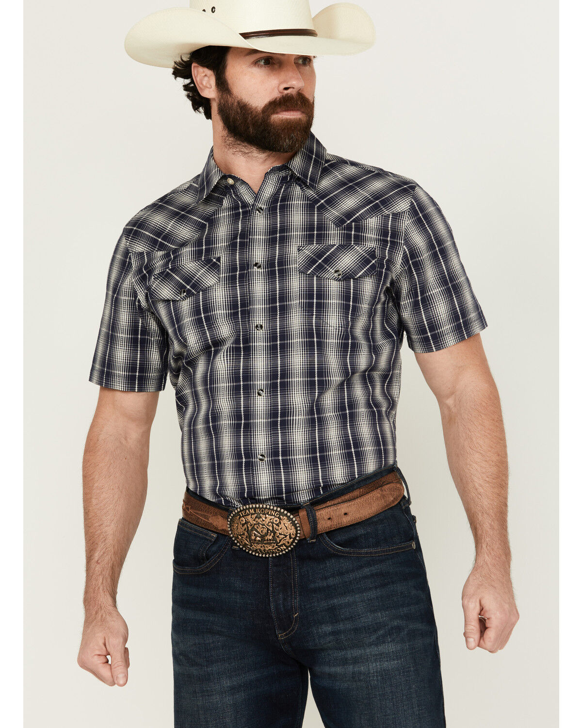 Image #1 - Gibson Men's Chain Link Plaid Print Short Sleeve Snap Western Shirt, Navy, hi-res