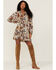 Revel Women's Floral Print Lace-Up Long Sleeve Dress, Natural, hi-res