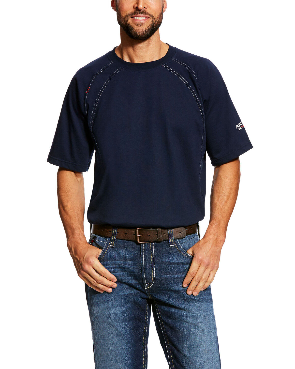 Image #1 - Ariat Men's FR Crew Short Sleeve Work T-Shirt - Tall, Navy, hi-res