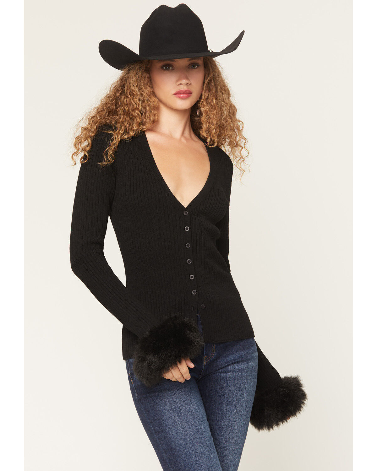 Image #1 - Show Me Your Mumu Women's Fluff Trim Long Sleeve Top, Black, hi-res