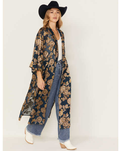 Shyanne Women's Burnout Floral Print Kimono, Dark Blue, hi-res