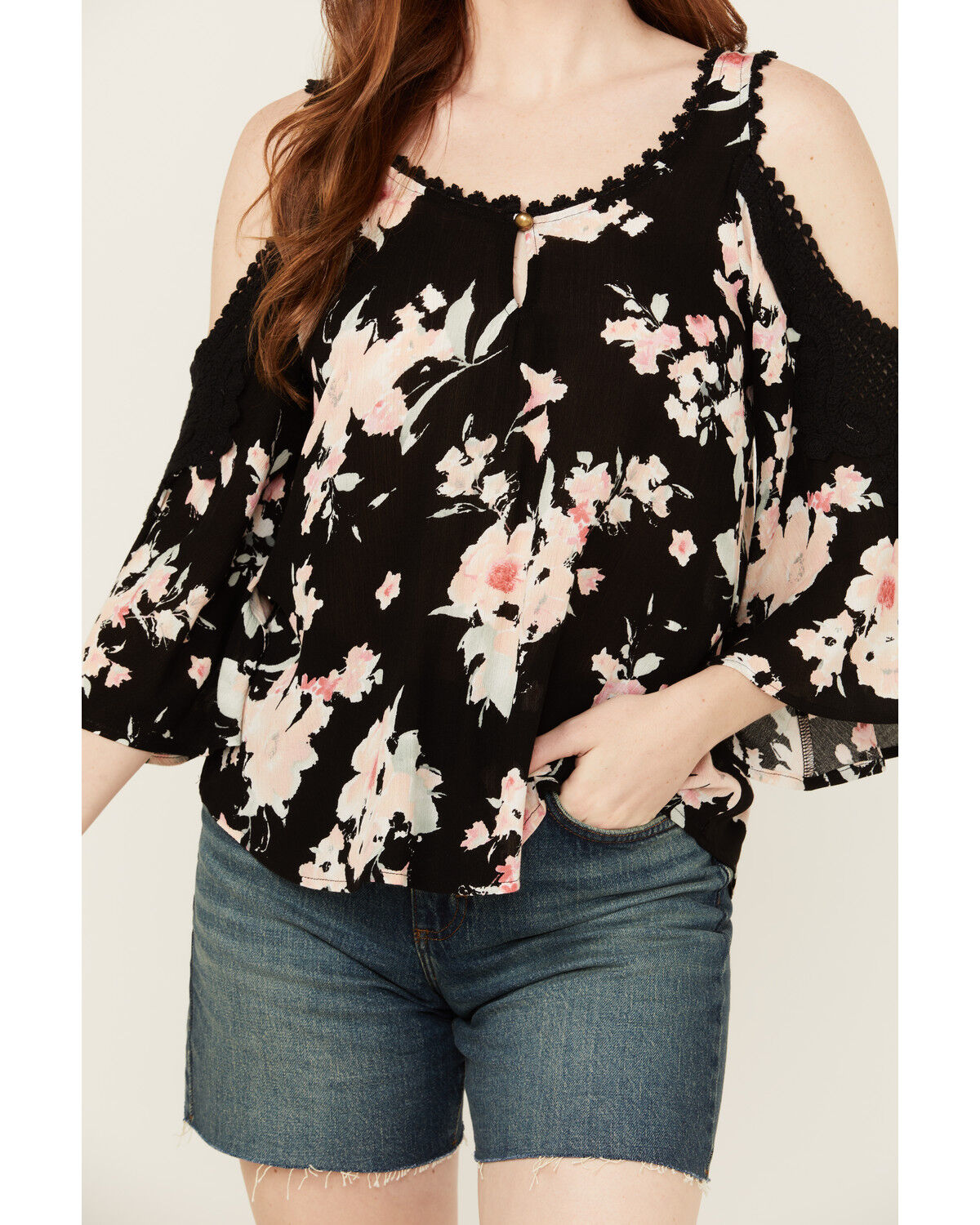 Image #3 - Wild Moss Women's Floral Print Cold Shoulder Top, Black, hi-res