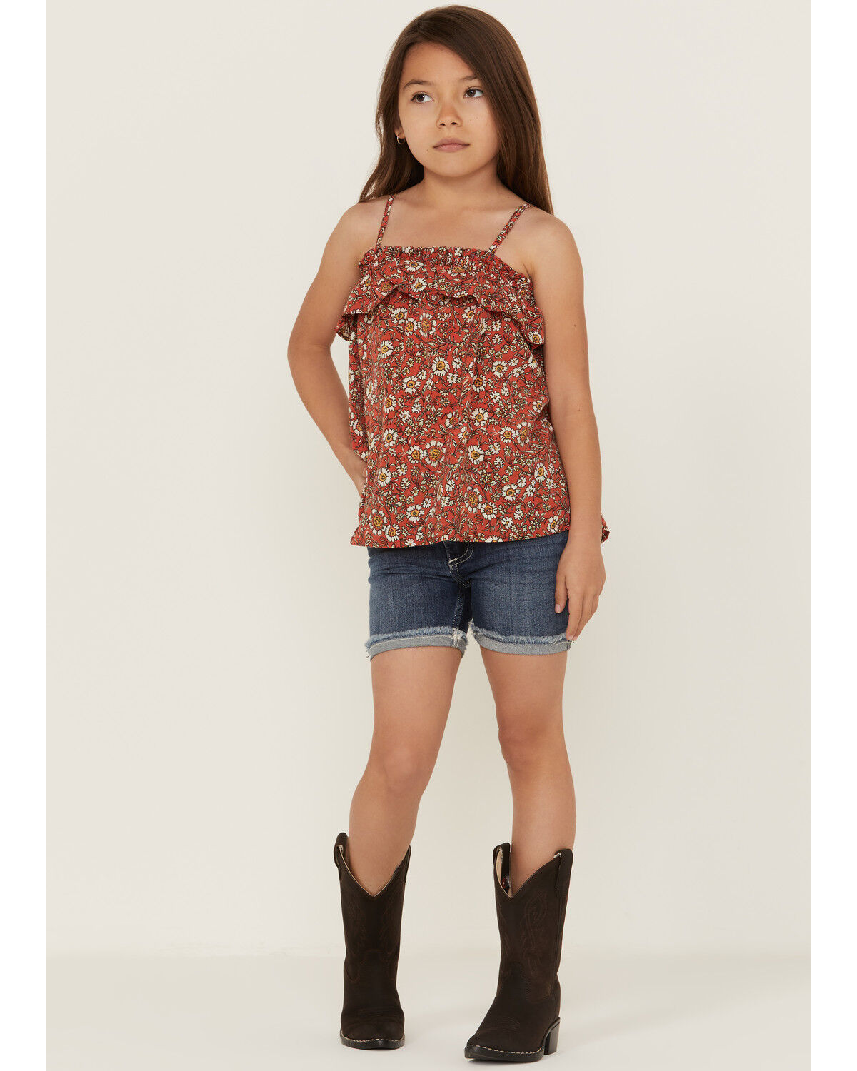 Image #2 - Hayden Girls' Floral Print Coral Ruffle Top, Coral, hi-res