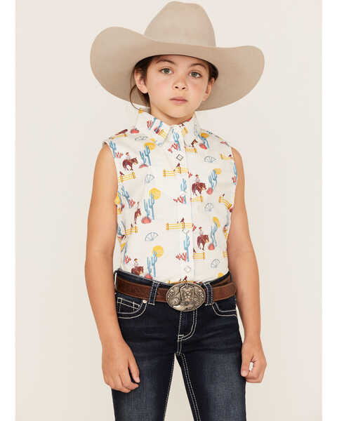 Image #1 - Rock & Roll Denim Girls' Cowboy Horse Print Sleeveless Western Snap Shirt, Turquoise, hi-res