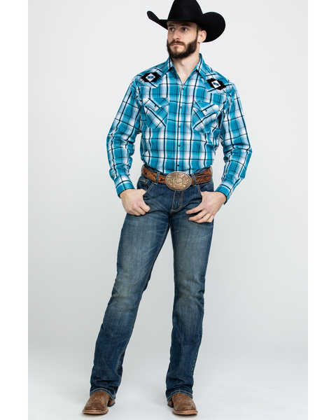 Image #6 - Ely Walker Men's Turquoise Retro Plaid Embroidered Long Sleeve Western Shirt , , hi-res