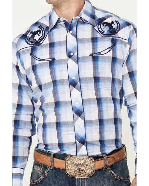 Image #3 - Roper Men's Embroidered Plaid Print Long Sleeve Pearl Snap Western Shirt, Blue, hi-res