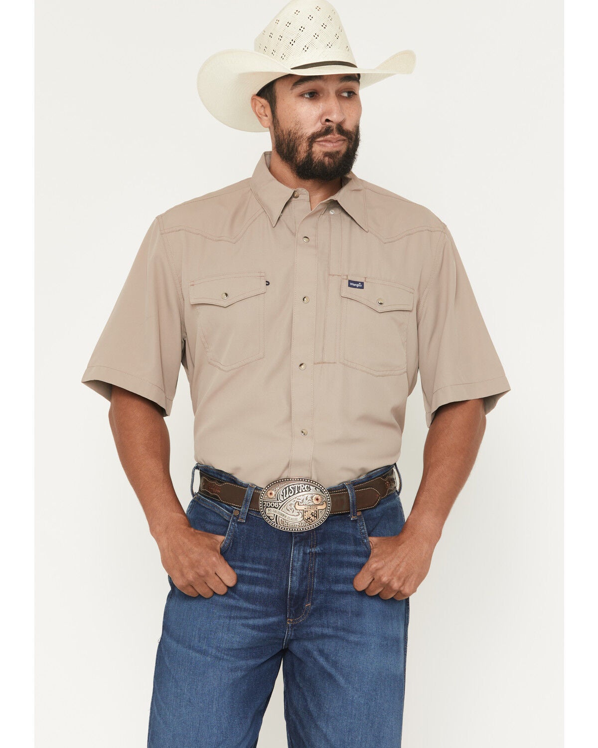 Wrangler Men's Solid Short Sleeve Snap Performance Western Shirt, Tan, hi-res