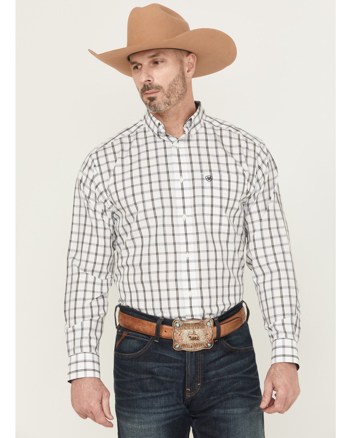 Ariat Men's Remi Wrinkle Free Plaid Print Long Sleeve Button-Down Western Shirt, White, hi-res