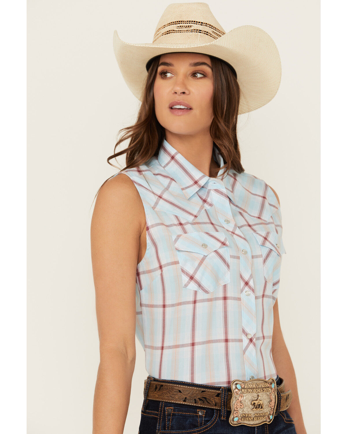 Image #2 - Ely Walker Women's Plaid Print Sleeveless Pearl Snap Western Shirt, Aqua, hi-res