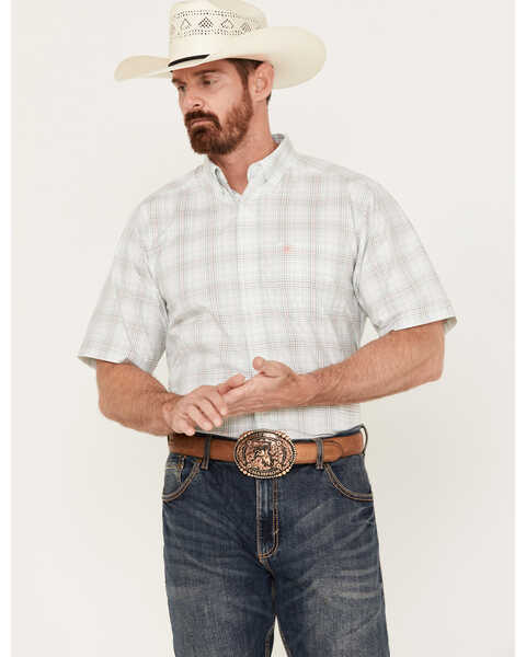 Image #1 - Ariat Men's Alec Plaid Print Classic Fit Short Sleeve Button-Down Western Shirt, White, hi-res