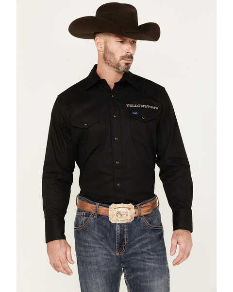 Wrangler Men's Yellowstone Desertscape Embroidered Long Sleeve Snap Western Shirt, Black, hi-res
