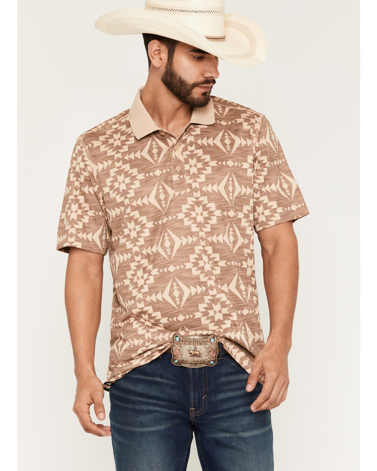 Image #1 - RANK 45&reg; Men's Southwestern Print Short Sleeve Button-Down Polo Shirt, Tan, hi-res