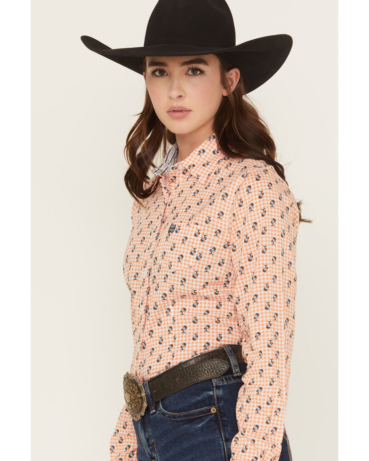Image #2 - Cinch Women's Plaid Print Palm Tree Long Sleeve Button-Down Stretch Western Shirt, Orange, hi-res