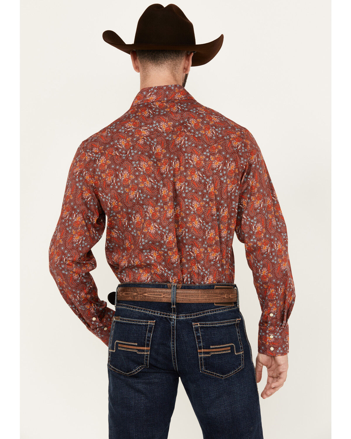 Image #4 - Rock & Roll Denim Men's Paisley Print Long Sleeve Snap Stretch Western Shirt, Dark Orange, hi-res
